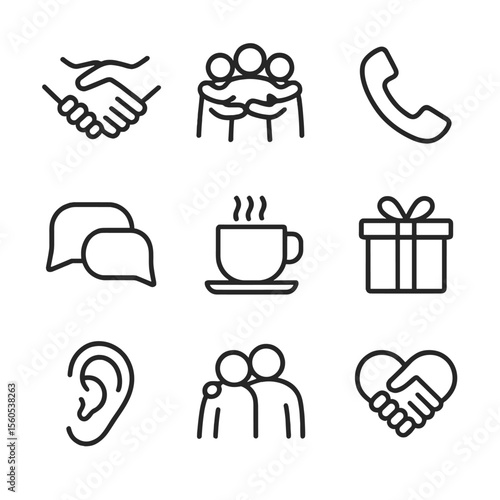Support Icon Set. Outline icon set of Support and empathy: two hands holding, group hug, heart handshake, phone call, chat bubbles
