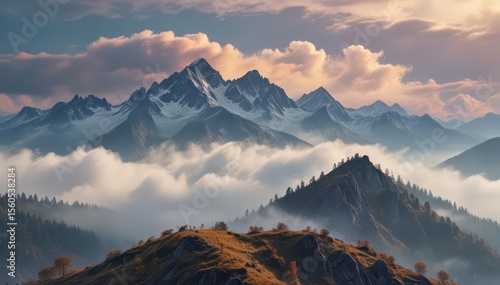 Clouds cling to misty mountaintops, a solitary scene unfolds ,  view,  weather