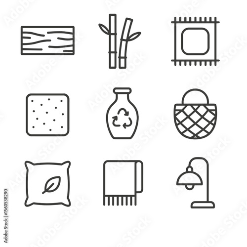 Sustainable Decor Icons. Outline icon set of sustainable materials decor: reclaimed wood plank, bamboo plant, jute rug, cork