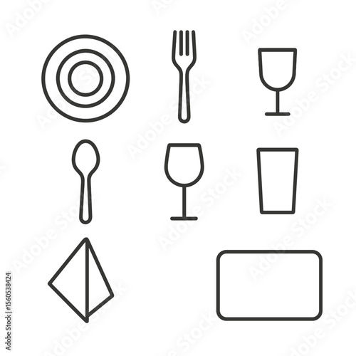 Tableware Icon Set. Outline icon set of table setting on glass tabletop: dinner plate, salad plate, fork, knife, spoon, wine glass