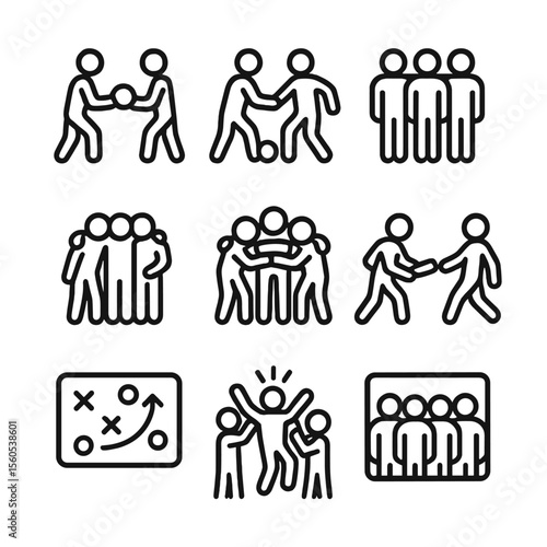 Teamwork Icon Set. Outline icon set of teamwork dynamics: passing ball, assist setup, defensive wall, huddle circle, strategy