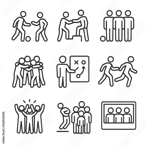Teamwork Icon Set. Outline icon set of teamwork dynamics: passing ball, assist setup, defensive wall, huddle circle, strategy