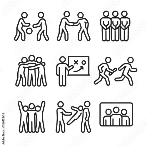 Teamwork Icon Set. Outline icon set of teamwork dynamics: passing ball, assist setup, defensive wall, huddle circle, strategy