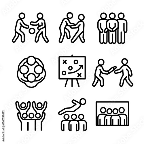 Teamwork Icon Set. Outline icon set of teamwork dynamics: passing ball, assist setup, defensive wall, huddle circle, strategy