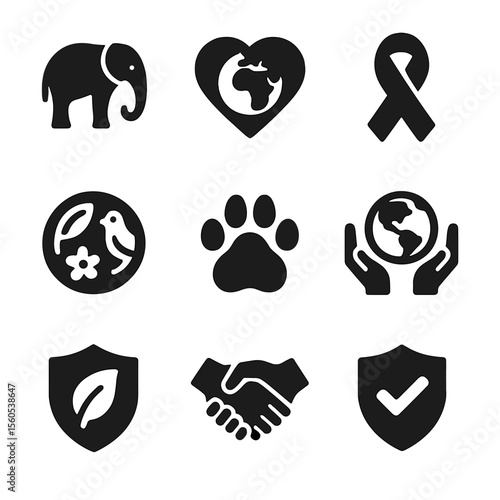 Global Conservation Icons. Solid, filled icon set of global conservation symbols: endangered species icon, earth heart,