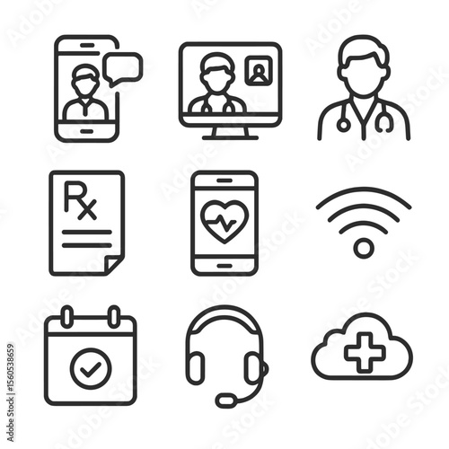 Telemedicine Icon Set. Outline icon set of telemedicine access: smartphone consultation, video call screen, doctor avatar, digital