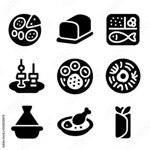Global Cuisine Icons. Solid, filled icon set of global food artistry: Italian antipasto, French terrine, Japanese bento, Spanish