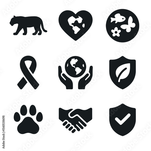 Global Conservation Icons. Solid, filled icon set of global conservation symbols: endangered species icon, earth heart,