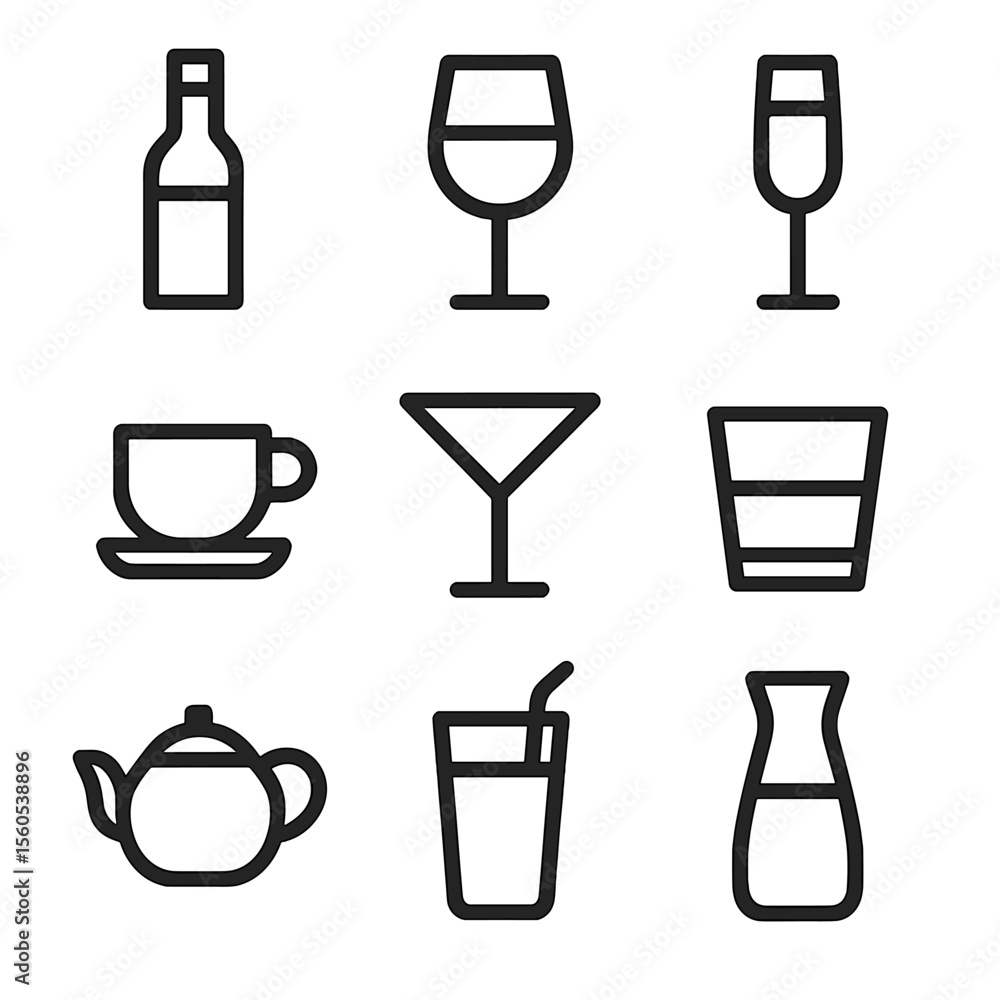 Gourmet Beverage Icons. Solid, filled icon set of gourmet beverages: red wine bottle, white wine glass, champagne flute, espresso Gourmet Beverage Icons. Solid, filled icon set of gourmet beverages: red wine bottle, white wine glass, champagne flute, espresso