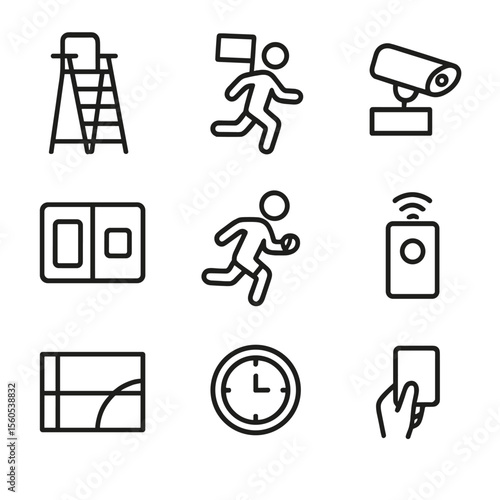 Tennis Officiating Icons. Outline icon set of tennis match officiating: chair umpire stand, line judge flag, electronic