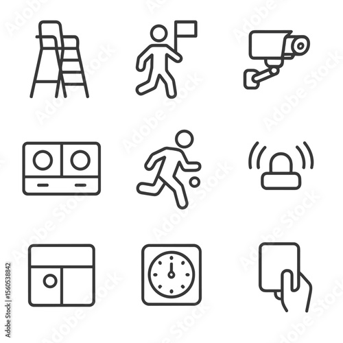 Tennis Officiating Icons. Outline icon set of tennis match officiating: chair umpire stand, line judge flag, electronic