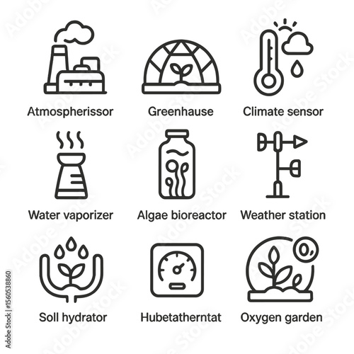 Terraforming Icon Set. Outline icon set of terraforming and environmental control: atmospheric processor, greenhouse dome, climate