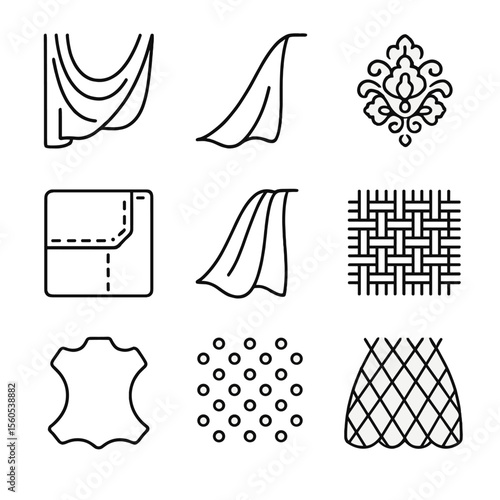 Textile Icon Set. Outline icon set of fabric textures and patterns: silk drape, velvet fold, lace motif, brocade sample, denim