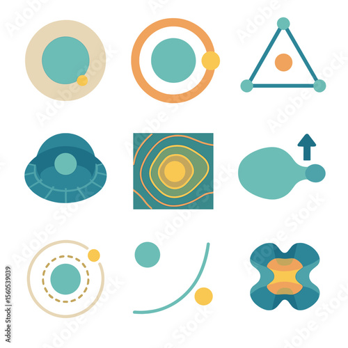 Gravitational Field Icons. Isometric Flat icon set of gravitational fields and influence spheres: Hill sphere boundary, Roche