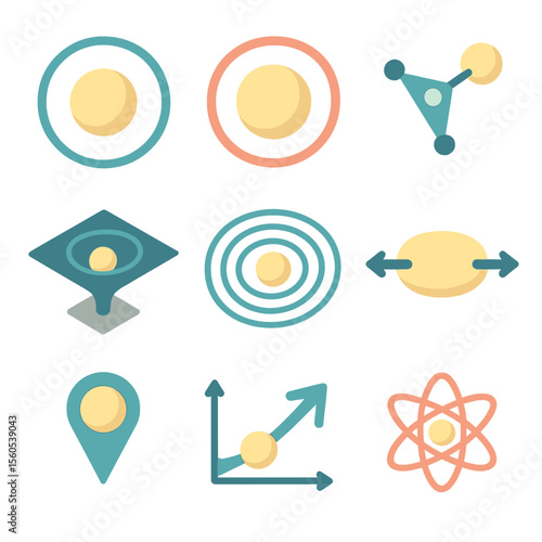 Gravitational Field Icons. Isometric Flat icon set of gravitational fields and influence spheres: Hill sphere boundary, Roche
