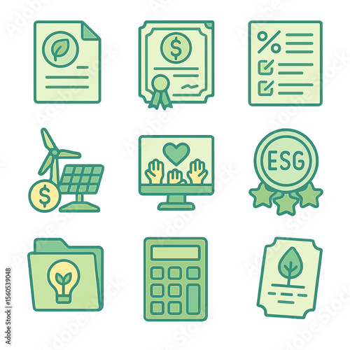 Green Financing Icons. Isometric Flat icon set of green financing and incentives: eco loan document, green bond certificate, tax