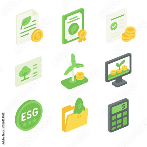 Green Financing Icons. Isometric Flat icon set of green financing and incentives: eco loan document, green bond certificate, tax