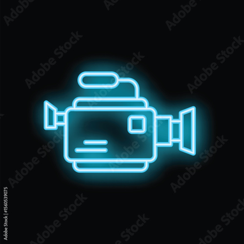 Blue neon video camera glowing on black background