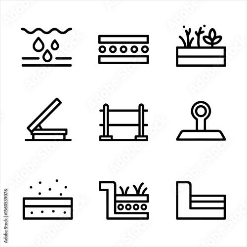 Green Roof Icons. Outline icon set of Green Roof Infrastructure: waterproof membrane, drainage layer, insulation panel, sedum mat,