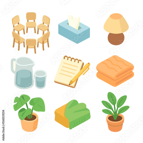 Group Therapy Icons. Isometric Flat icon set of group therapy discussions: circle of chairs, tissue box, soothing lamp, water jug,