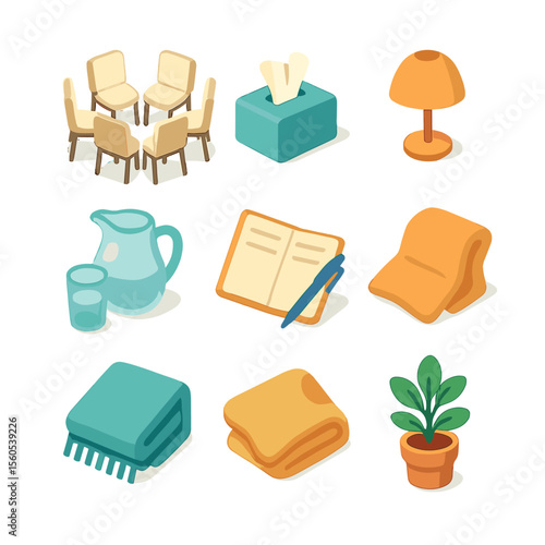 Group Therapy Icons. Isometric Flat icon set of group therapy discussions: circle of chairs, tissue box, soothing lamp, water jug,