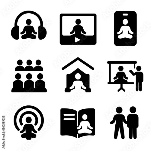 Guided Meditation Icons. Solid, filled icon set of guided meditation formats: audio, video, app, group session, retreat, workshop,