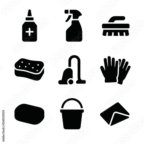 Grout Maintenance Icons. Solid, filled icon set of grout maintenance: grout cleaner, sealant spray, brush, sponge, vacuum,