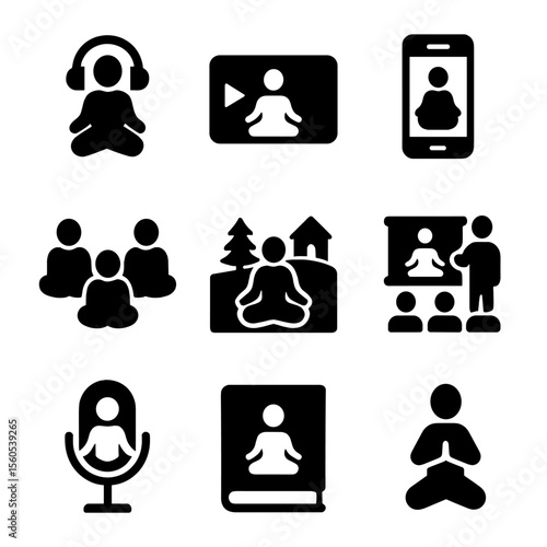 Guided Meditation Icons. Solid, filled icon set of guided meditation formats: audio, video, app, group session, retreat, workshop,
