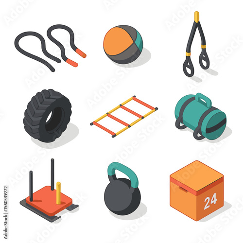 Gym Equipment Icons. Isometric Flat icon set of functional training zone: battle rope, medicine ball, plyometric box, suspension