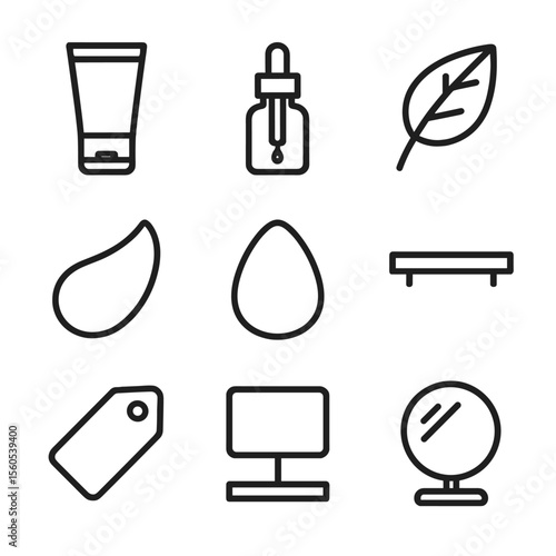 Tinted Moisturizer Icons. Outline icon set of tinted moisturizer display: tube bottle, dropper cap, shade swatch, makeup sponge,