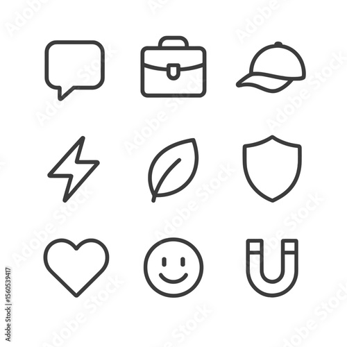 Tonal Expression Icons. Outline icon set of tonal expressions: friendly chat bubble, professional briefcase, casual cap, energetic