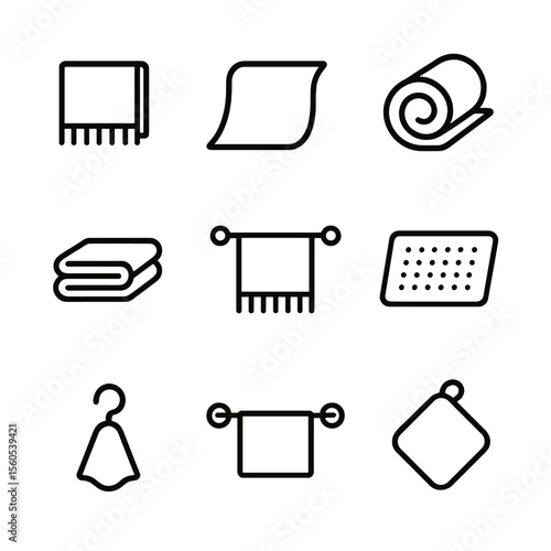 Towel Icons Set. Outline icon set of towel and drying accessories: terry cloth towel, microfiber towel, rolled towel, folded towel
