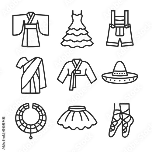 Traditional Dance Icons. Outline icon set of traditional dance costumes: kimono sleeve flow, flamenco ruffled dress, lederhosen