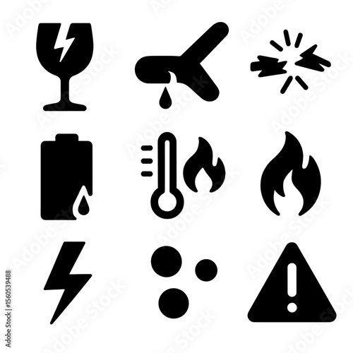 Hazard Warning Icons. Solid, filled icon set of hazard warnings: glass shard, cut finger, short circuit, battery leak, overheating