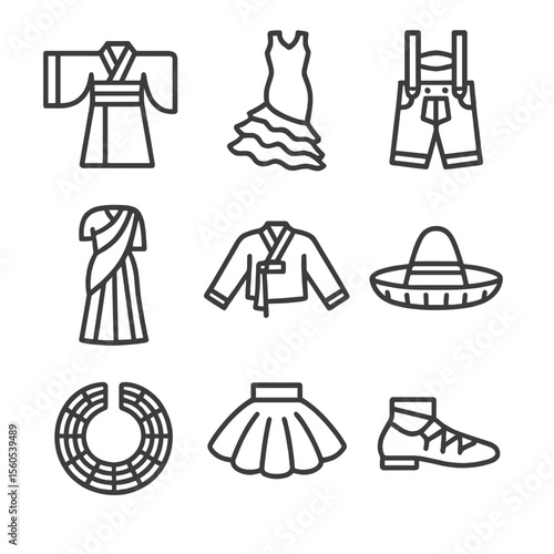 Traditional Dance Icons. Outline icon set of traditional dance costumes: kimono sleeve flow, flamenco ruffled dress, lederhosen