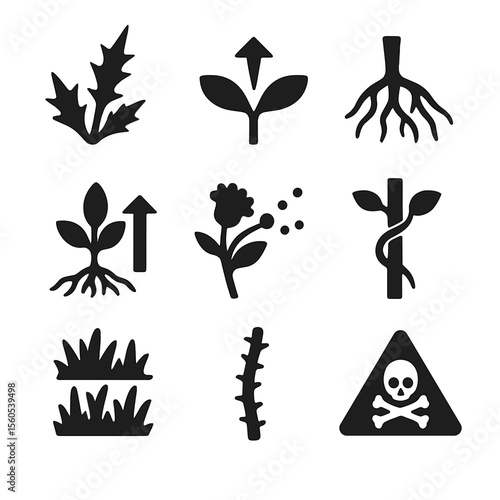 Harmful Weed Icons. Solid, filled icon set of harmful weed characteristics: spiky leaves, fast spread, root tangle, toxic sign,