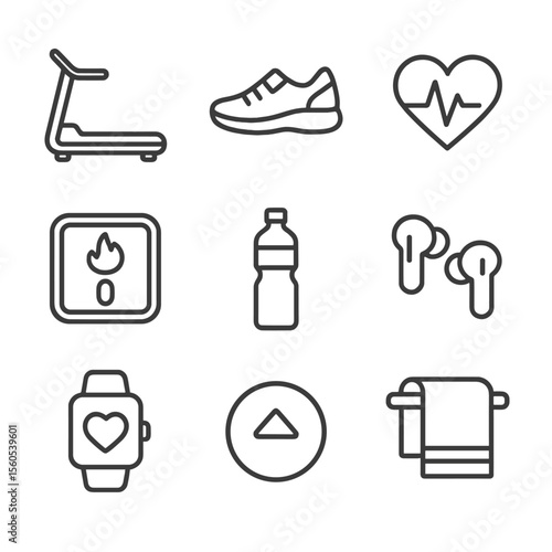 Treadmill Workout Icons. Outline icon set of treadmill cardio session: treadmill machine, running shoes, heart rate monitor,