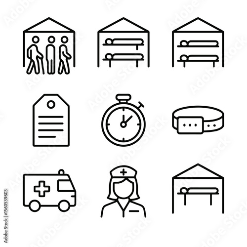 Triage Workflow Icons. Outline icon set of rapid triage workflow: walking-wounded zone, immediate care area, delayed care area,