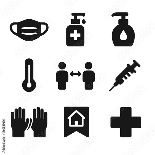 Health Precaution Icons. Solid, filled icon set of health precautions: face mask, hand sanitizer, soap dispenser, thermometer,