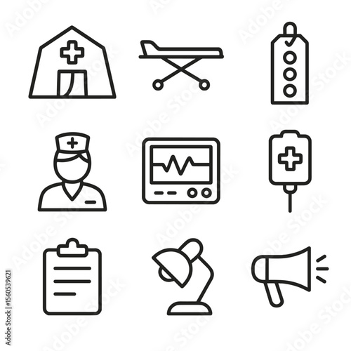 Triage Station Icons. Outline icon set of triage station setup: triage tent, stretcher, color-coded tag, triage nurse, vitals