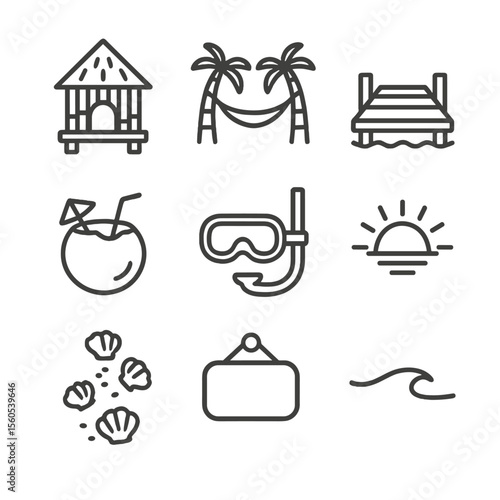 Tropical Hideaway Icons. Outline icon set of private palm-fringed hideaway: bamboo bungalow, hammock between palms, wooden pier,