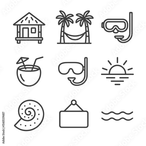 Tropical Hideaway Icons. Outline icon set of private palm-fringed hideaway: bamboo bungalow, hammock between palms, wooden pier,