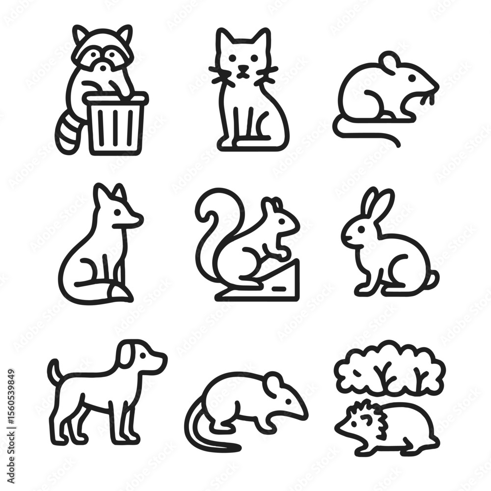 Urban Animal Icons. Outline icon set of city-dwelling mammals: raccoon on trashcan, alley cat, subway rat, urban fox, rooftop Urban Animal Icons. Outline icon set of city-dwelling mammals: raccoon on trashcan, alley cat, subway rat, urban fox, rooftop