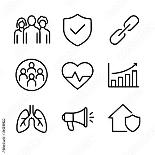 Herd Immunity Icons. Outline icon set of Herd Immunity and Public Health: group of diverse silhouettes, shield icon with checkmark