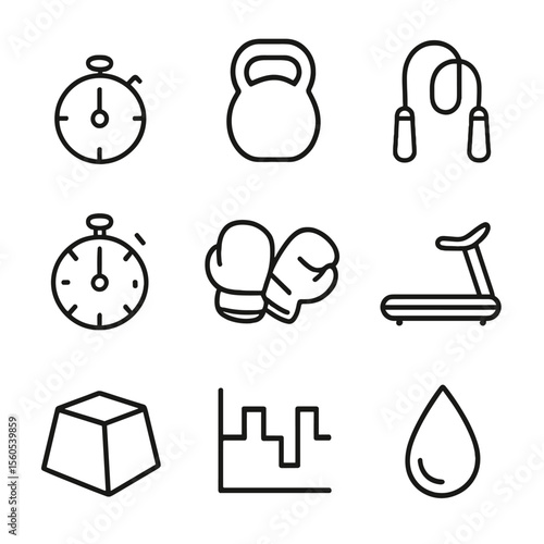 HIIT Icon Set. Outline icon set of high-intensity interval training: timer, kettlebell, jump rope, stopwatch, boxing gloves,
