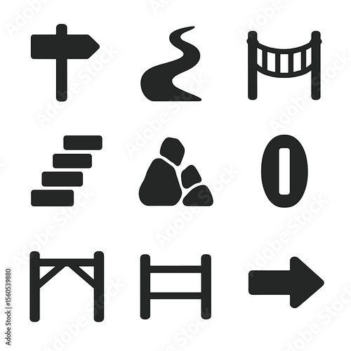 Hiking Trail Icons. Solid, filled icon set of hiking trail features: wooden signpost, footpath, rope bridge, dirt steps, rock