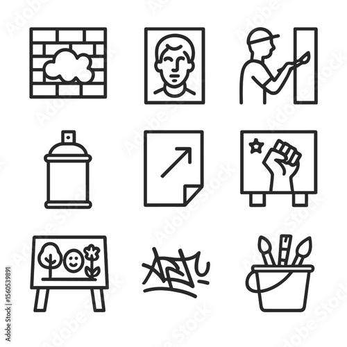 Urban Art Icon Set. Outline icon set of urban cultural art: graffiti wall, stencil portrait, mural painter, spray can, paste‐up