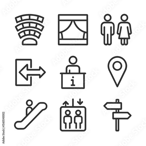 Venue Navigation Icons. Outline icon set of venue navigation: seating chart, stage, restroom sign, exit arrow, info booth, map pin