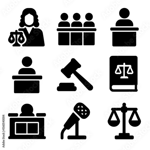 Historical Trials Icons. Solid, filled icon set of historical trials: judge, jury, witness stand, defendant, gavel, law book,