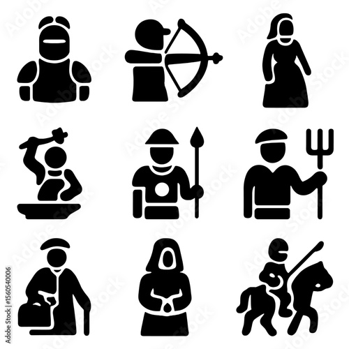 Historical Reenactment Icons. Solid, filled icon set of historical reenactment roles: knight, archer, blacksmith, noblewoman,